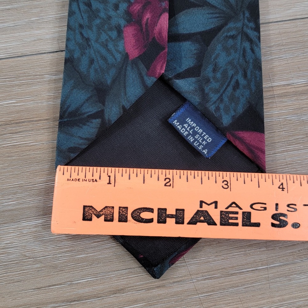 Kuppenheimer Mens Silk Tie Floral Tropical Leaf Teal Burgundy Black Made in USA - Picture 2 of 3